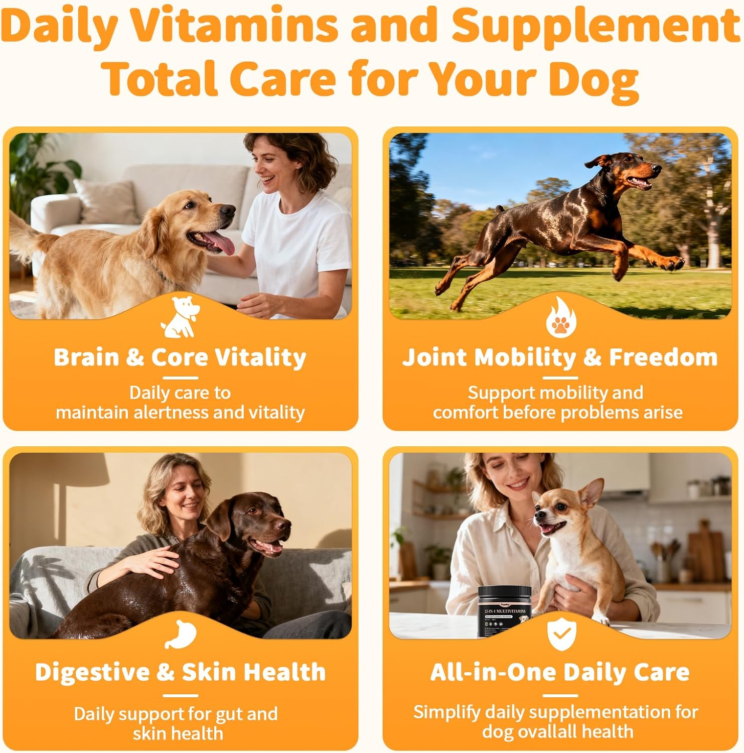 25-in-1 Dog Multivitamin Chews – All-in-One Daily Vitamins & Supplements for Dogs, Joint Support with Glucosamine MSM, Omega-3 Skin & Coat, Gut, Heart & Brain, All Breeds & Ages, Beef, 60Ct