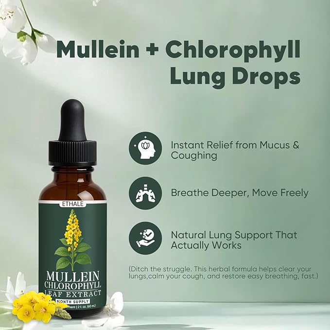 ETHALE Mullein Drops for Lungs - Mullein + Chlorophyll Lung Drops, Respiratory Support & Lung Detox Formula with Chlorophyll, Mullein Leaf Extract, 1 Month Supply