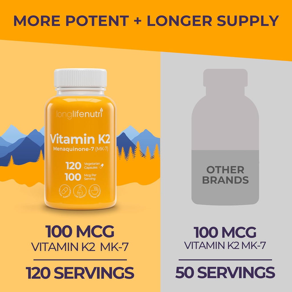 Vitamin K2 MK-7 100mcg – Nutrient Support for Bones and Circulation, 120 Vegetarian Capsules, 4-Month Supply, Lab Tested, Made in The USA, Non-GMO