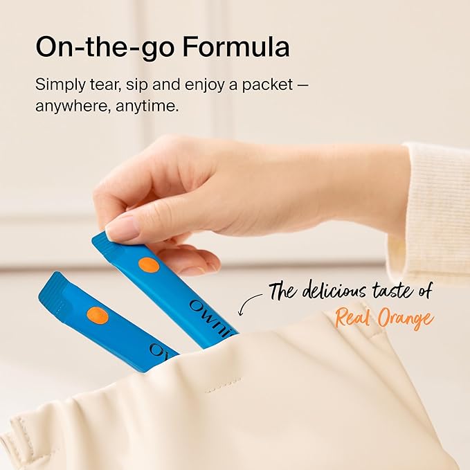 Ownist Triple Collagen Liquid Packets On-The-Go - Peptides with Hydrolyzed Marine Collagen, Elastin, Hyaluronic Acid and Vitamin for Healthy Skin - Orange Flavor - 14 Individual Stick Packs