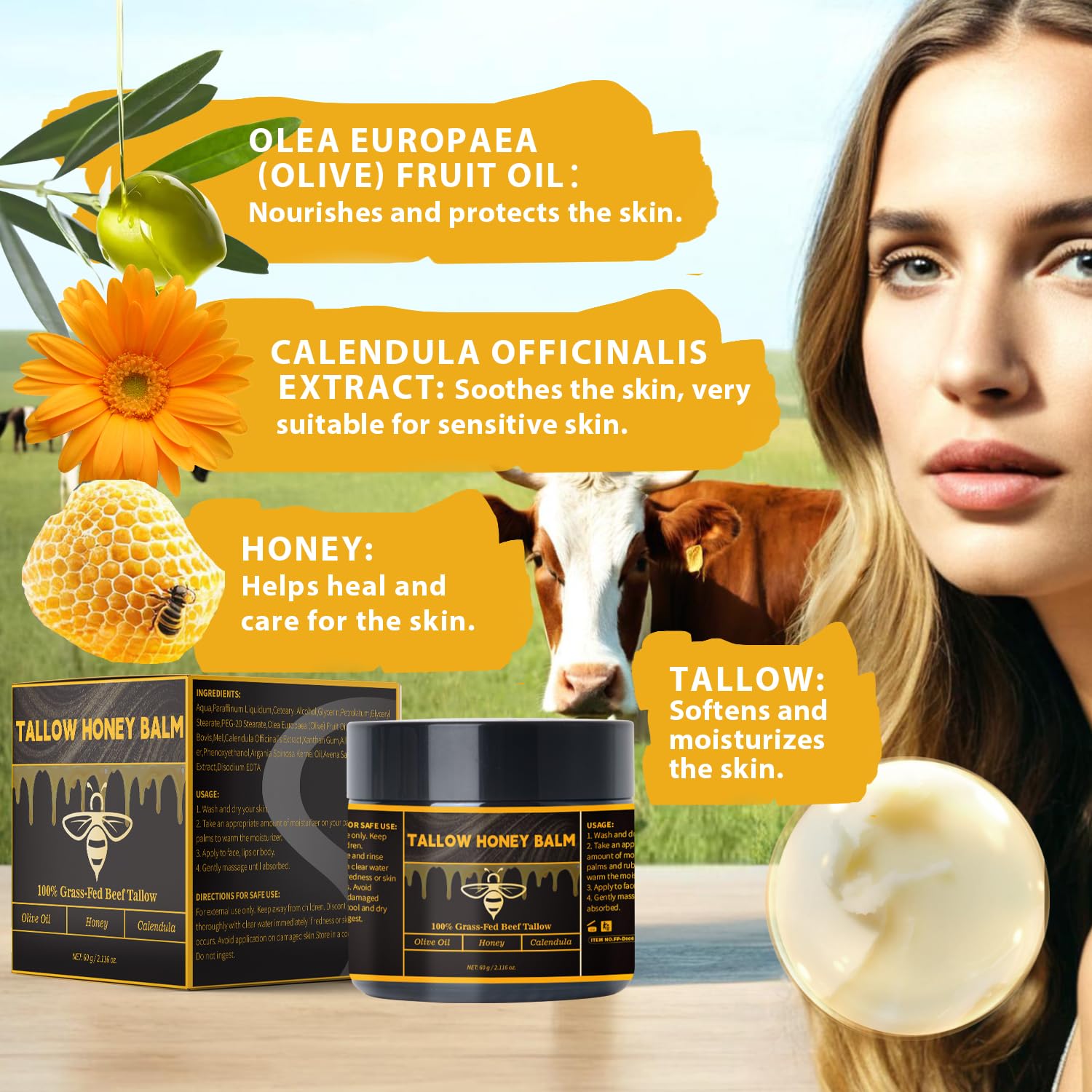 Beef Tallow for Skin, Beef Tallow for Face| Natural Grass-Fed Beef Tallow Moisturizer | Deep Hydration with Organic Raw Wild Honey & Beeswax | Face & Body Formula | Lightly Scented