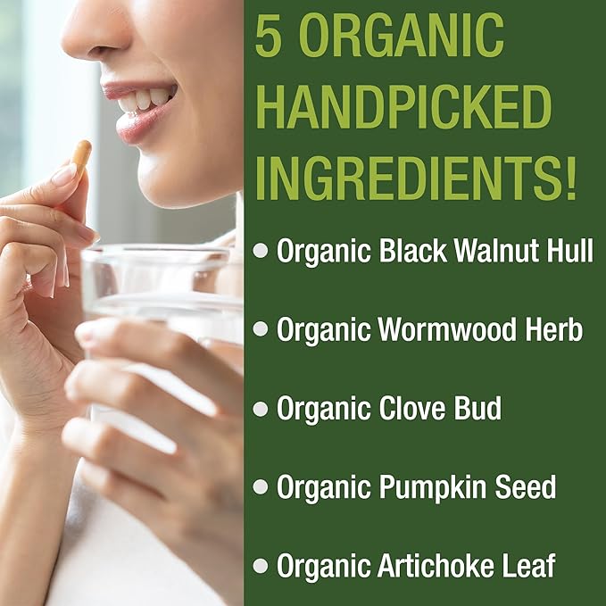 USDA Organic Wormwood Black Walnut Clove Cleanse For Humans. Elimination Detox + Intestinal Support Capsules Supplement for Adults and Kids. Pills with Artichoke and Pumpkin Seed for Added Benefits
