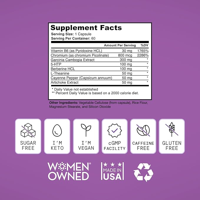 Healthy Weight Loss Supplement for Women, Vegan, Appetite and Craving Control, Fat Burner, Metaboilism Booster, Weight Loss Supplement, Metabolism and Mood Booster - 60 Units