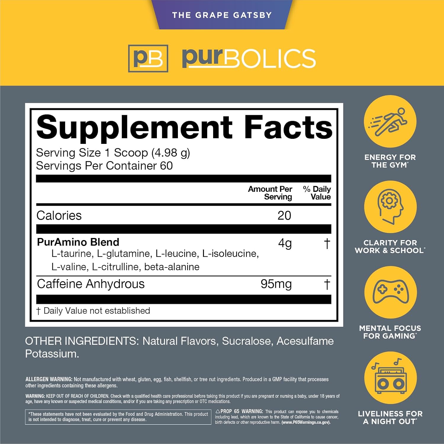 Purbolics Aminos + Energy | Supports Recovery, Energy & Focus | 95mg of Caffeine, 0 Sugar & 60 Servings (The Grape Gatsby)