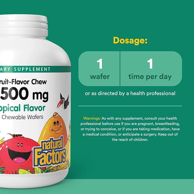 Natural Factors Kids Chewable Vitamin C 500 mg, Supports Immune Health, Bones, Teeth and Gums, Tropical, 90 Wafers