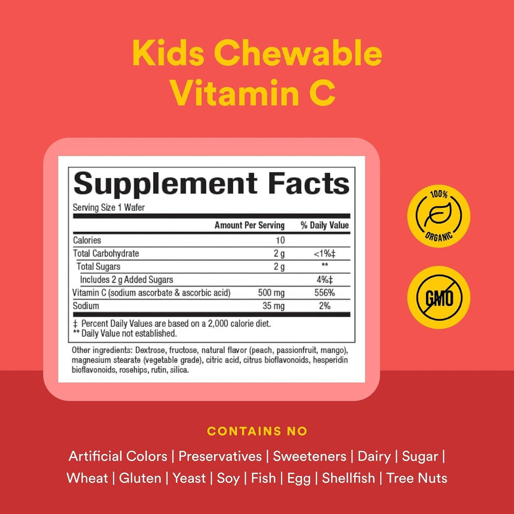 Natural Factors, Kids Chewable Vitamin C 500 mg, Supports Immune Health, Bones, Teeth and Gums, Peach, Passionfruit and Mango, 180 Wafers