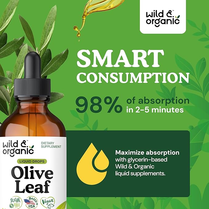 Wild & Organic Olive Leaf Liquid Extract - Olive Leaf Supplement for Immune Support - Oleuropein Liquid Drops - Vegan, Sugar & Alcohol Free Tincture - 4 fl oz