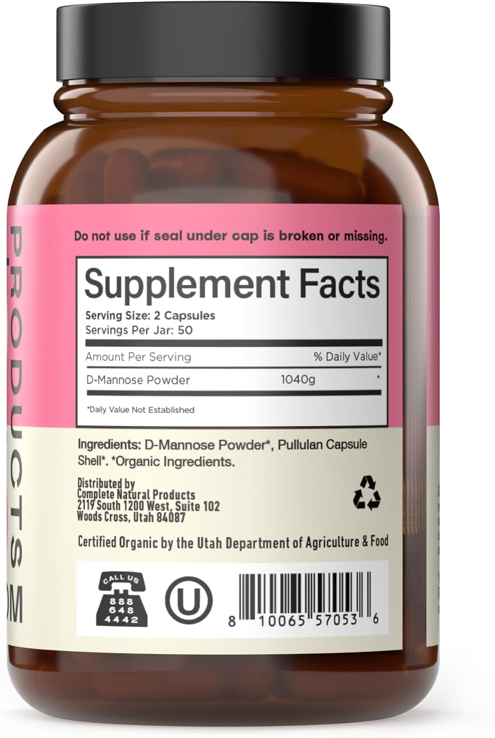 Complete Natural Products Organic D-Mannose Capsules - Pure D-Mannose Pills 100 Count for UTI, Bladder, & Urinary Tract Health