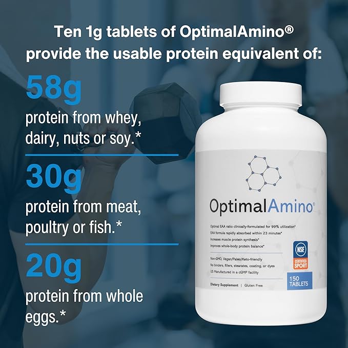 OptimalAmino Tablets (150 Count) | 99% Utilized Essential Amino Acid (EAA) Supplement, Increase Muscle Recovery, BCAA Protein Pre/Post Workout | NSF Certified for Sport® Certified