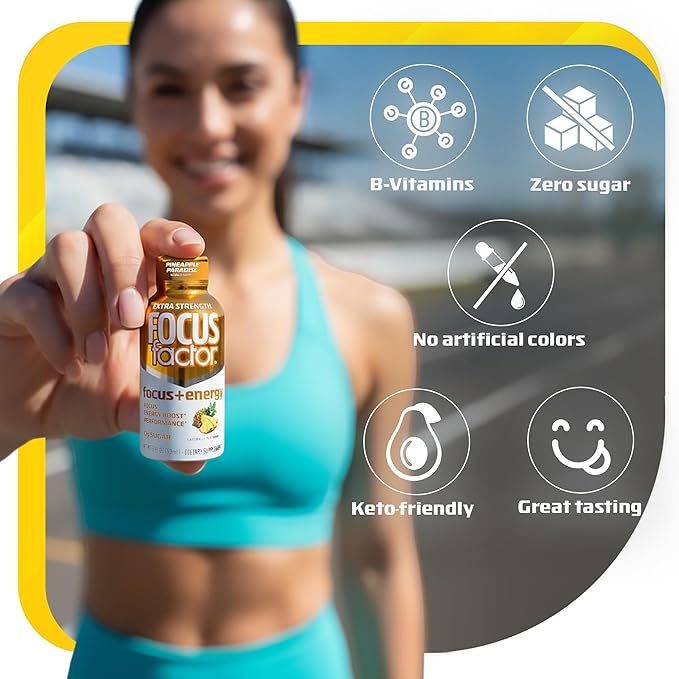 Focus Factor Extra Strength Focus + Energy Shots - 12 x 2oz Bottles (Pineapple Paradise Flavor) - Powered by Nootropics with Caffeine, L-Theanine, Ginkgo, Bacopa, L-Tyrosine, Alpha GPC