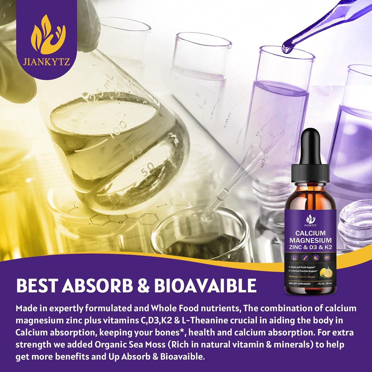 (2 Pack) Calcium Magnesium Zinc Liquid Drops for Women and Men - Bone & Teeth, Immune Support, Liquid Calcium Supplement with Magnesium Glycinate, Vitamin C D3 K2 B6, Lemon Flavor | Sugar Free