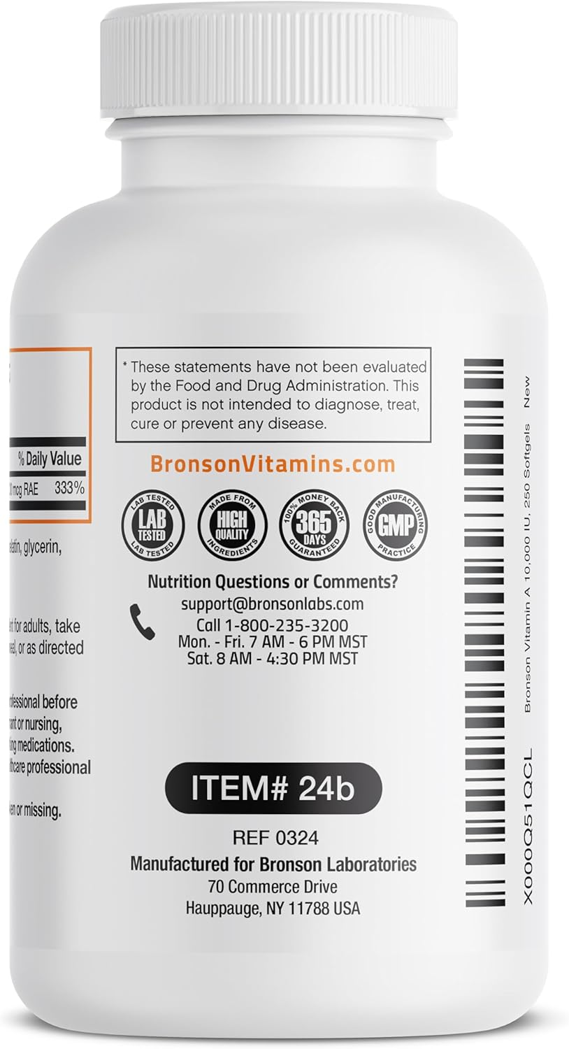 Bronson Vitamin A 10,000 IU Premium Non-GMO Formula Supports Healthy Vision & Immune System and Healthy Growth & Reproduction, 250 Softgels