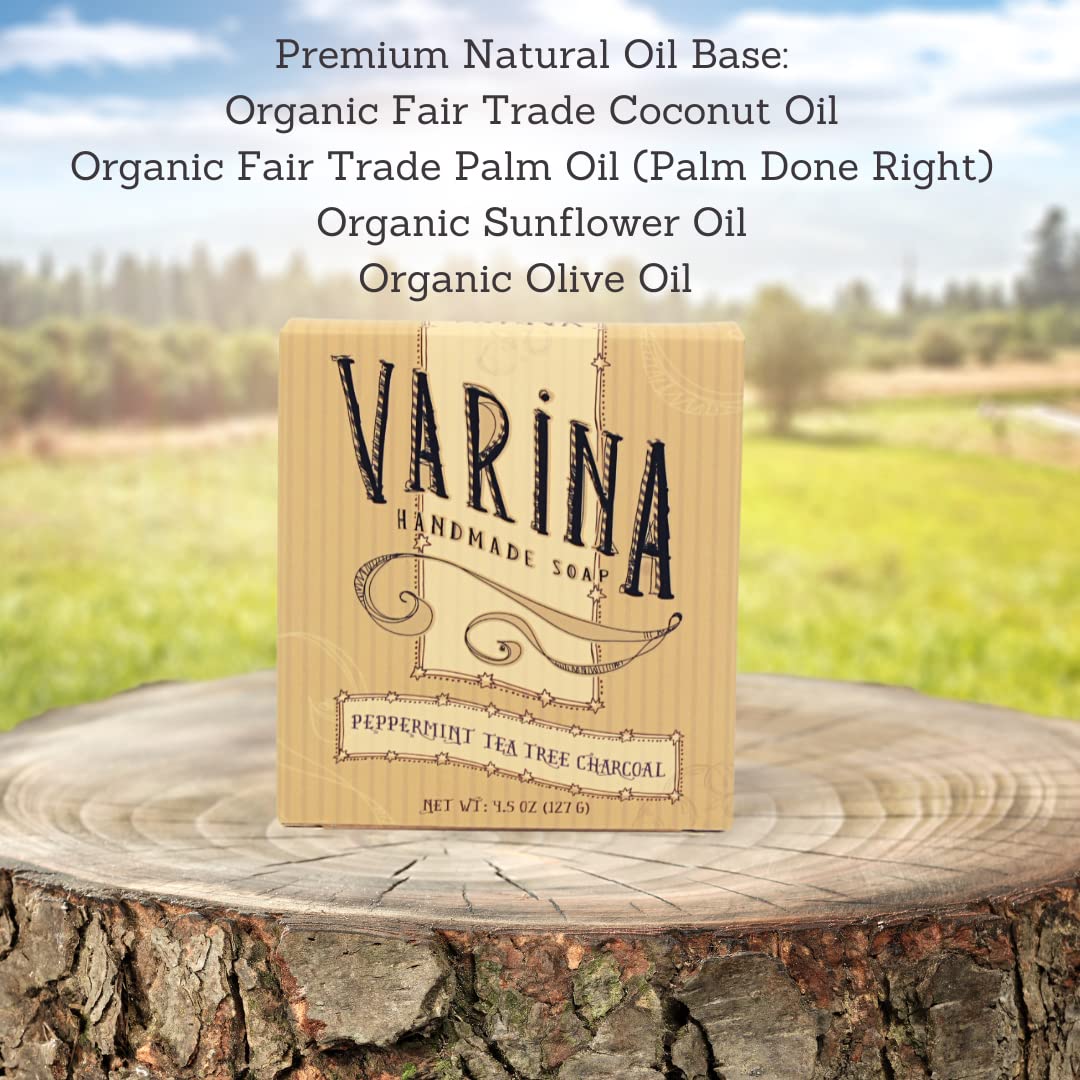 Varina Organic Peppermint Tea Tree Activated Charcoal Bar Soap - Gentle Cleansing for Sensitive Skin, Herbal and Mint - 3 Pack - Experience Healthy and Glowing Skin