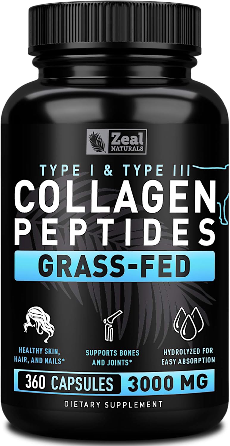 Zeal Naturals Collagen Peptides Collagen Pills (360 Capsules) Grass Fed Collagen Pepetide Powder - Hydrolyzed Collagen Powder for JointTendon SupplementHair Skin and Nails -