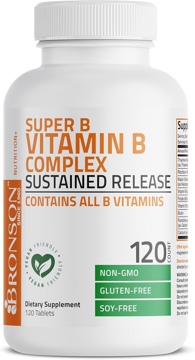 Bronson Super B Vitamin B Complex Sustained Slow Release (Vitamin B1, B2, B3, B6, B9 - Folic Acid, B12) Contains All B Vitamins 120 Tablets