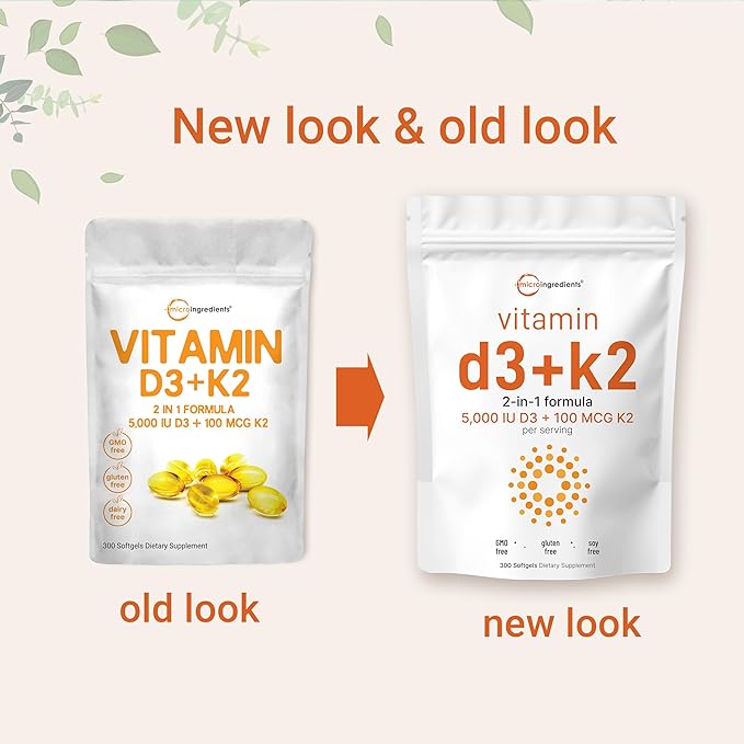 Micro Ingredients Vitamin D3 5,000 IU + K2 MK-7 100 mcg, 2 Pack (600 Softgels) | Liquid-Filled with Sunflower Oil | 2-in-1 Vitamins D & K Complex | Extra Strength, Easy to Swallow, Non-GMO, No Gluten