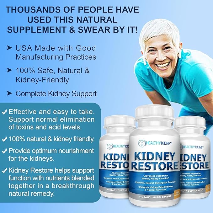 Kidney Restore: Kidney Health Supplement, Kidney Cleanse Detox & Repair Formula by Renal Expert w/Transplant, Fast Detox & Flush w/Renal Vitamins Support Normal Function 30 caps