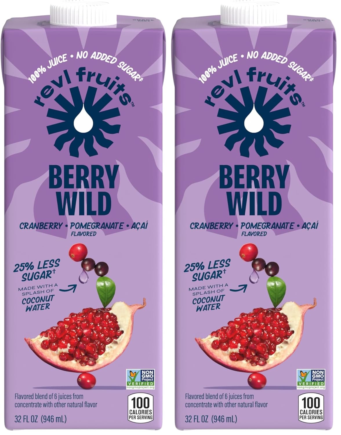 Revl Fruits™ 100% Juice, No Added Sugar, Cranberry Pomegranate Acai, Berry Wild, 32 fl oz. Carton (Pack of 2)