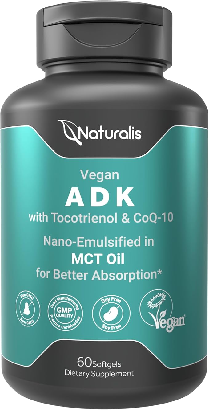 Naturalis Vegan Vitamin ADK with 50mg Tocotrienol and CoQ-10 | Nano-Emulsified in EVOO for Better Absoprtion | Non-GMO, Soy Free and Vegan Society Certified | 60 Veggie Softgels (Carrageenan Free)
