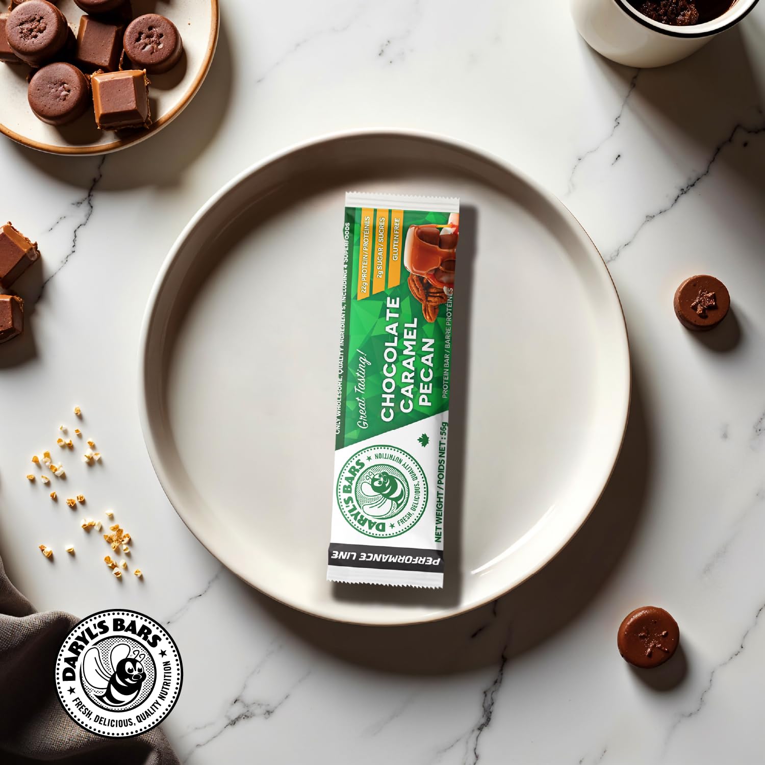 Daryl's Bars, Chocolate Caramel Pecan On the Go Whey Protein Bars, Gluten Free, Low Sugar, Protein Snack, Meal Replacement, Pack of 2