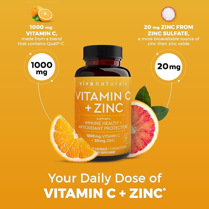 Viva Naturals Vitamin C and Zinc Supplement (250 Capsules) - 1000 mg Vitamin C with Zinc 20 mg Antioxidant Supplements for Immune Support, Vitamin Supplement for Adults