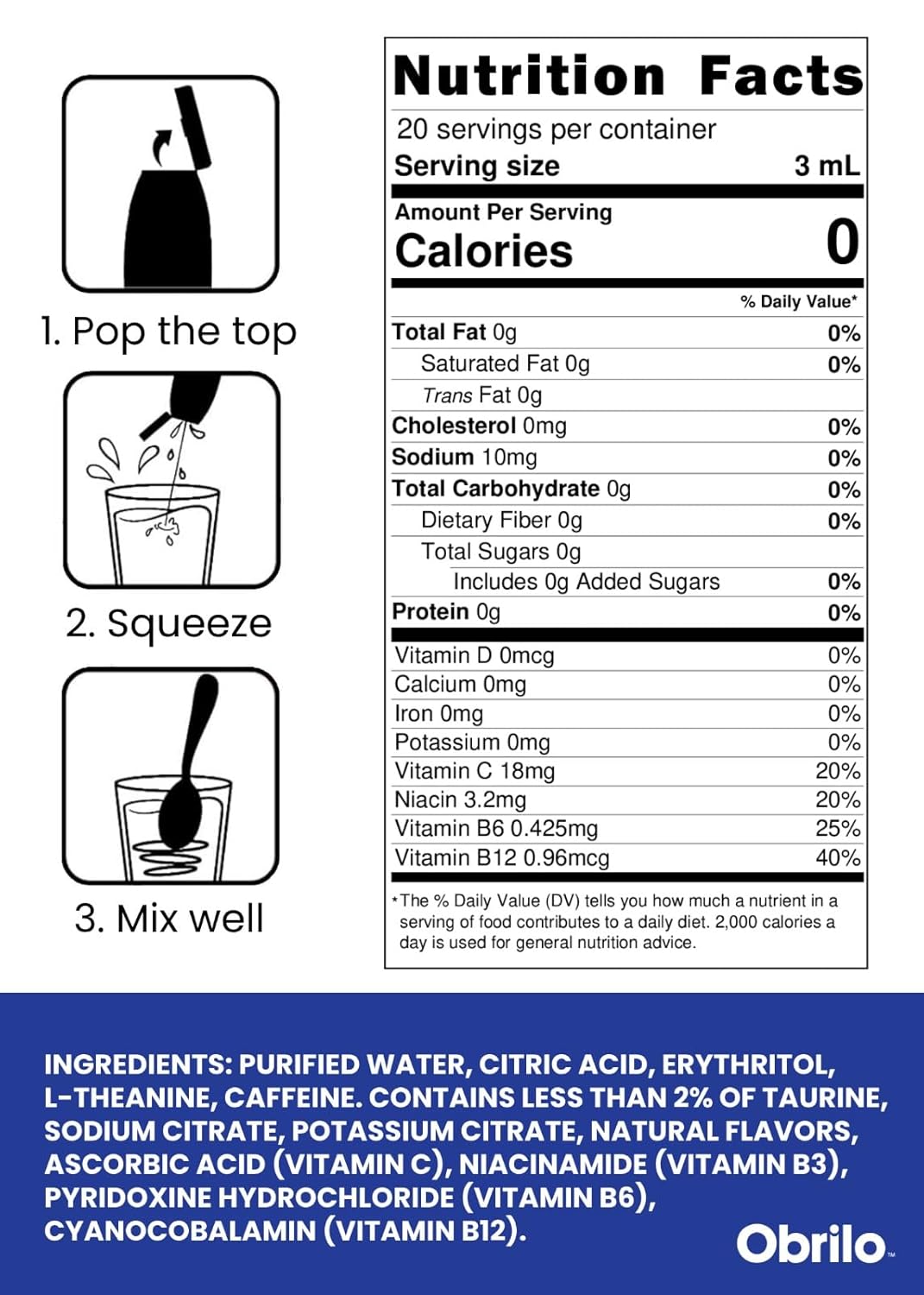 Obrilo Performance Energy Dye Free Water Enhancer - L-Theanine + Taurine + Vitamin Complex + Ginseng + Guarana Seed, 2.0 Fl. Oz. x 5 Bottles (Strawberry Coconut)