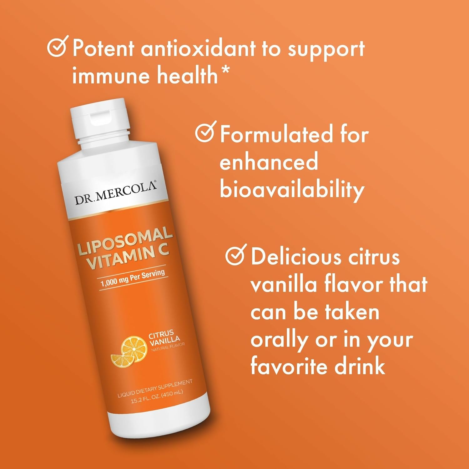 Dr. Mercola Liquid Liposomal Vitamin C - Antioxidant & Immune Support Supplement - Includes Vitamin E - GMO-Free, Gluten-Free & Soy-Free - Citrus Vanilla Flavor - 450 mL (30 Servings)