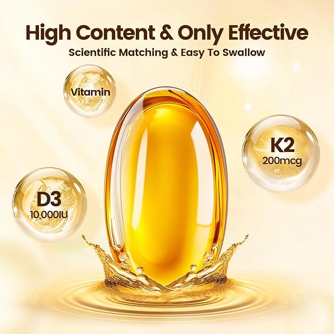 Vitamin D3 10000 iu Plus K2 (MK-7) 200 mcg, 300 Coconut Oil Softgels| 2 in 1 VIT D & K Complex | Supports Calcium Absorption, Bone, Immune, & Heart Health – Easy to Swallow (600 Softgels /2 Bag)