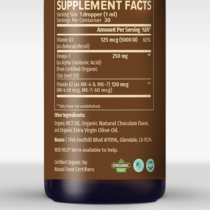 (2 Pack) Organic Vitamin D3 K2 Drops with MCT Oil Omega 3, 5000 IU, Maximum Strength Vitamin D Liquid, No Fillers, Non-GMO Liquid D3 for Faster Absorption and Immune Support (Chocolate, 2 Fl Oz)