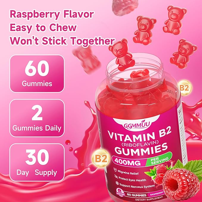 2 Pack Vitamin B2 Gummies Riboflavin 400mg Supplement with Magnesium for Kids & Adults B2 Gummies for Migra*ne Rel*ef, Nervous System Support & Skin Health, Raspberry Flavor, 120 Count