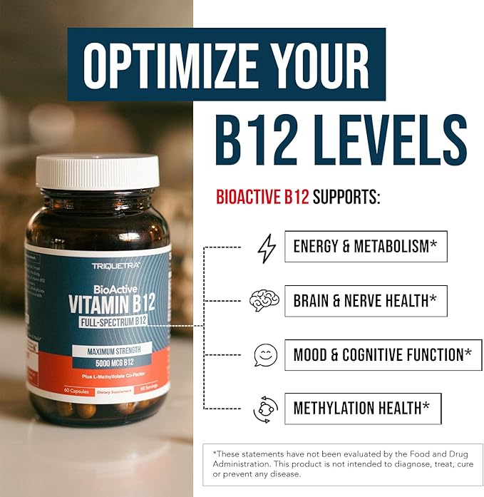 BioActive Vitamin B12 - 5000 mcg, Contains 3 BioActive Forms B12 Plus Methylfolate Cofactor - Methyl and Adenosyl B12 & Hydroxy | Supports Energy, Metabolism & Mood | Vegan, Non-GMO - 2-pack
