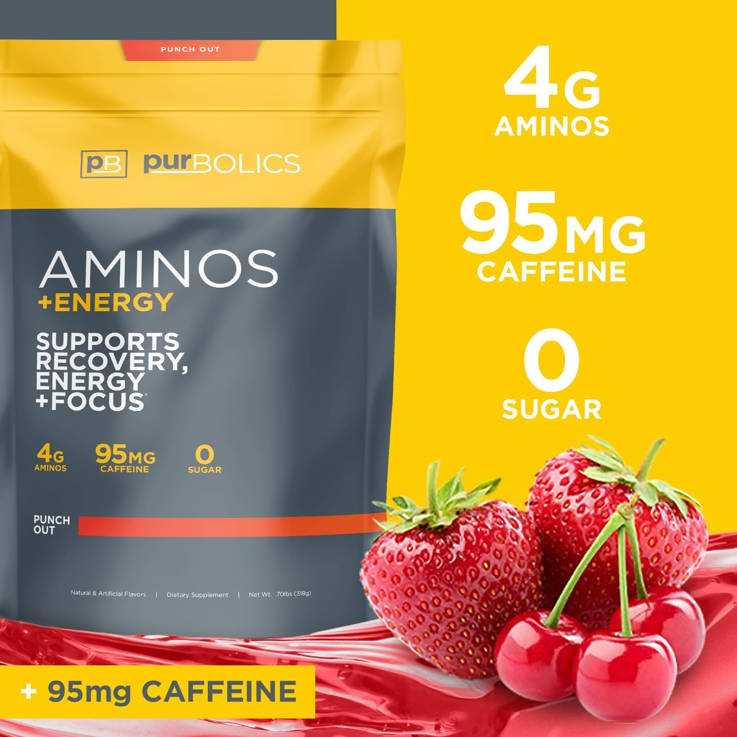 Purbolics Aminos + Energy | Supports Recovery, Energy & Focus | 95mg of Caffeine, 0 Sugar & 60 Servings (Punch Out)