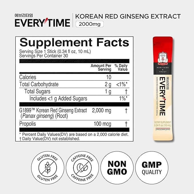 JUNG KWAN JANG Everytime Korean Red Ginseng Extract 2,000mg - Liquid Stick Supplements with Propolis & Adaptogen - Energy Boost & Immune Support, Natural & Healthy Energy Drinks (10 Sticks)