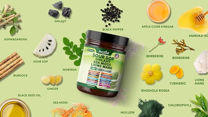 Soursop Shilajit, Sea Moss, and Lions Mane - 24-in-1 Supplement with Ashwagandha, Black Seed Oil, Rhodiola Rosea, Ginger, Collagen, Turmeric - Made in USA - 60 Capsules