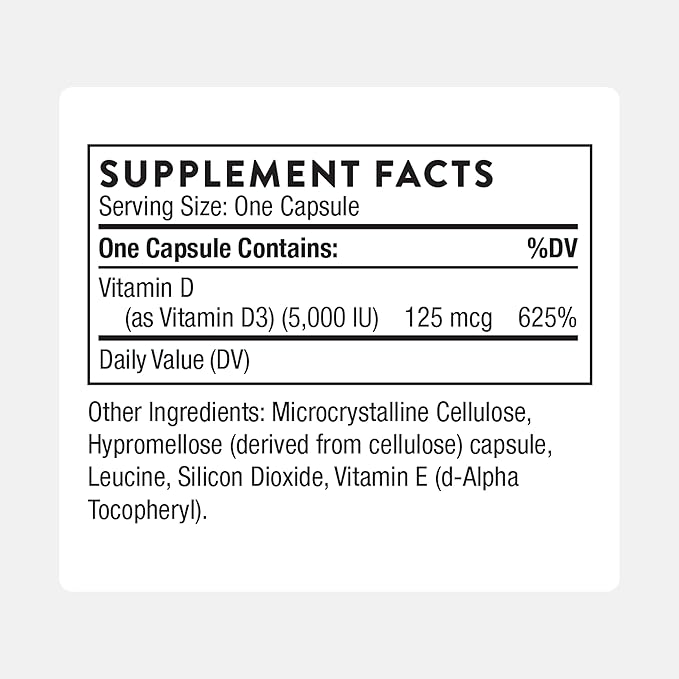 THORNE - Vitamin D-5000 - Vitamin D3 Supplement - Support Healthy Bones, Teeth, Muscles, Cardiovascular, and Immune Function* - NSF Certified for Sport - Dairy-Free, Soy-Free - 120 Capsules