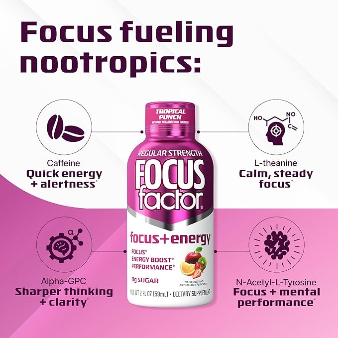 Focus Factor Focus + Energy Shots - 12 x 2oz Bottles (Tropical Punch Flavor) - Powered by Nootropics with Caffeine, L-Theanine, Ginkgo, Bacopa, L-Tyrosine, Alpha GPC
