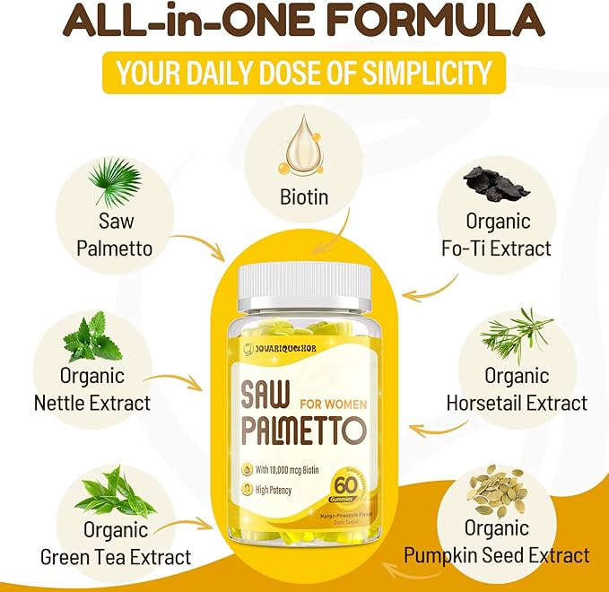 Saw Palmetto for Women - DHT Blocker Hair Growth Supplement - 500mg Potent Saw Palmetto Gummies for Hair, Skin, Nails, Urinary Wellness - Mango-Pineapple Flavor - 120 Gummies