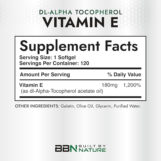 Built by Nature Vitamin E with Olive Oil - 400 IU (dl-Alpha Tocopherol) - High Potency Antioxidant Supplement for Immune, Skin & Heart Health - Non-GMO - 4 Month Supply, 120 Softgels