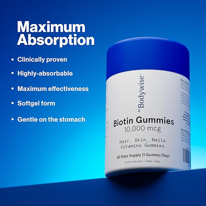 Be Bodywise Biotin 10000mcg Gummies | Hair Nail and Skin Vitamins | Biotin for Hair Growth for Women | Refined Sugar Free | 60 Day Pack (1 Gummy/Day)