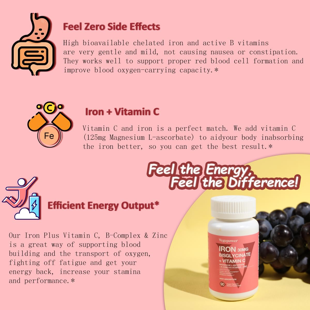 Iron Bisglycinate Supplement for Women & Men - 30mg Iron Pills with Vitamin C, B12, Folic Acid - Chelated Iron for Anemia, Health Blood - High Absorption, Gluten-Free, Non-GMO - 60 Vegan Caps