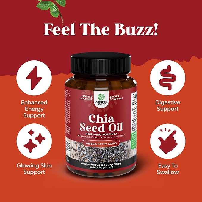 Chia Seed Oil Extract Capsules - Plant Based Omega 3 6 9 Supplement and Daily Fiber Capsules for Digestive and Immune Support and Heart Health - Omega 3 Fatty Acids Supplement for Men and Women - 60ct