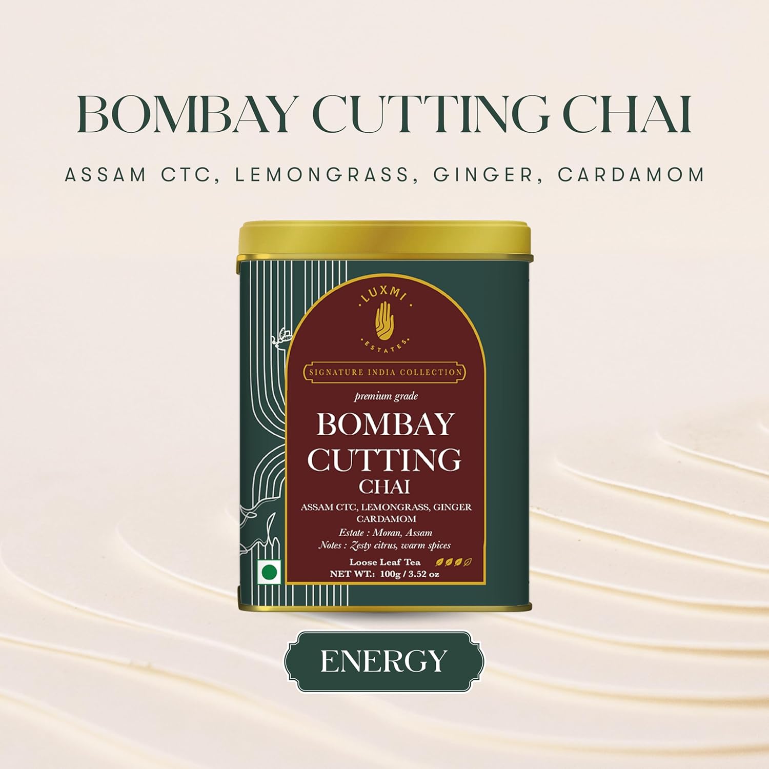 Luxmi Estates Bombay Cutting Chai | 100 gm | Signature India Collection | Assam CTC | Black Tea Collection | Strong Organic Tea | Lemongrass Tea, Ginger, Cardamom