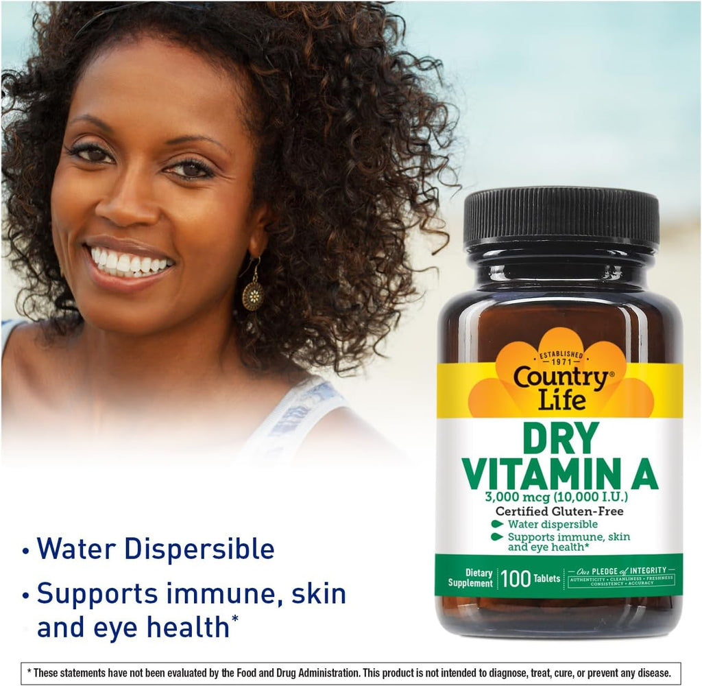 Country Life Vitamin A 10,000 IU - Immune Support, Skin & Eye Health Supplement, Certified Gluten-Free, Vegan, Halal, Kosher, 50% Beta-Carotene & 50% Retinyl Palmitate, Easy Absorption - 100 Tablets