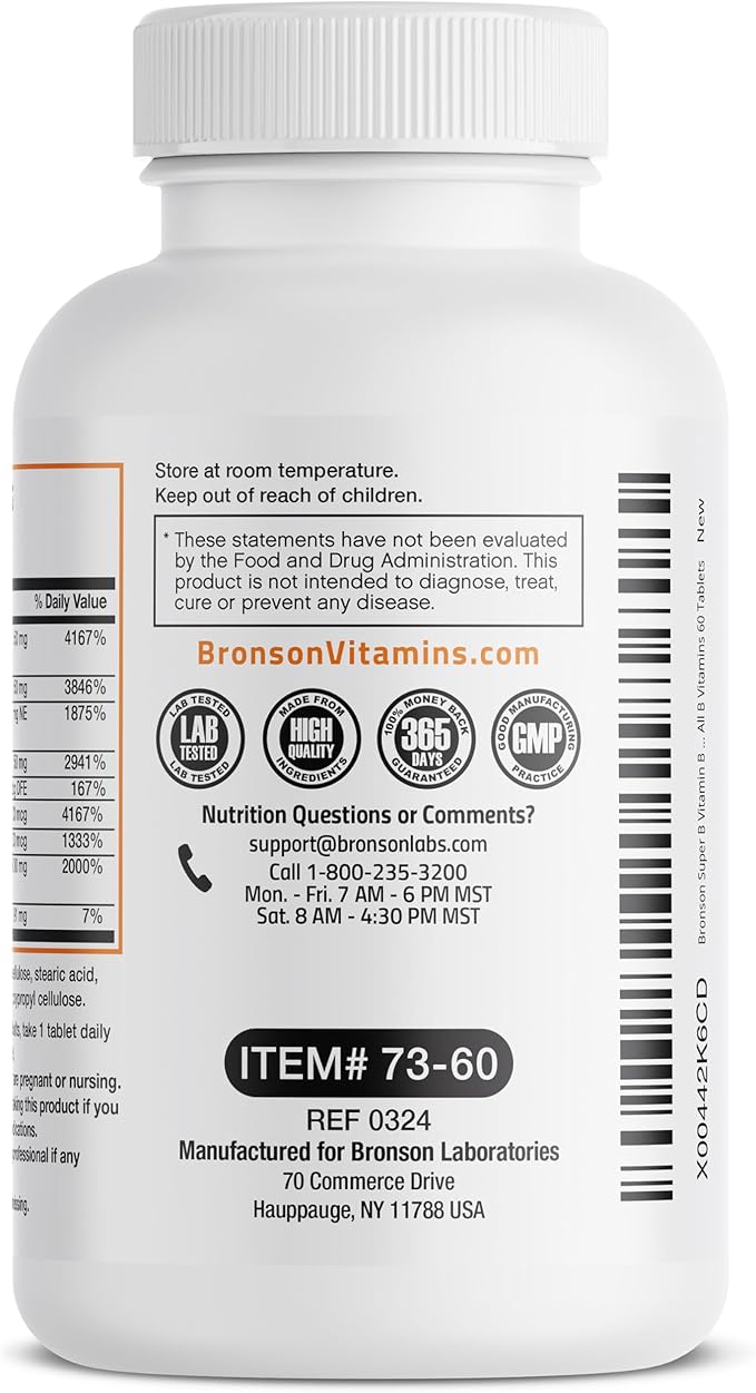 Bronson Super B Vitamin B Complex Sustained Slow Release (Vitamin B1, B2, B3, B6, B9 - Folic Acid, B12) Contains All B Vitamins 60 Tablets