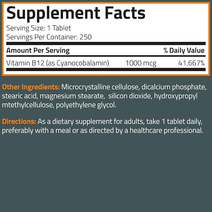 Bronson Vitamin B12 1000mcg Once Daily Formula Non-GMO, 250 Vegetarian Tablets