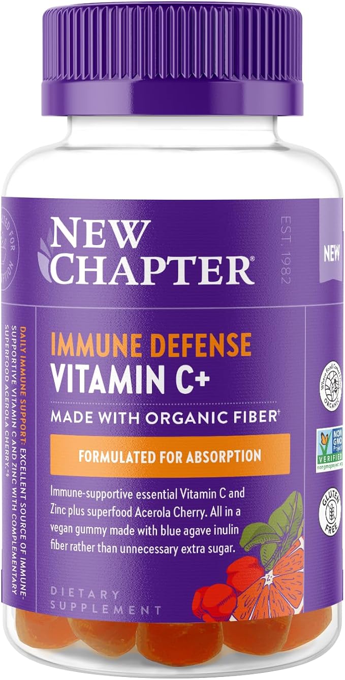 New Chapter Vitamin C+ Gummies – 35% Less Sugar§, Excellent Source of Vitamin C, Two Daily Gummies for Immune Support with Acerola Cherry, Vegan, Non-GMO, Gluten Free, Citrus Flavored, 60ct