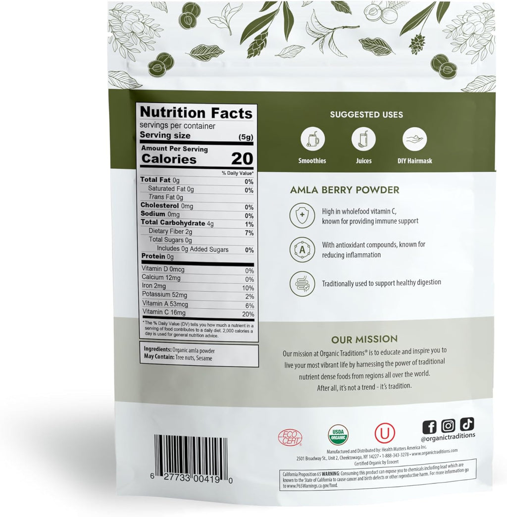 Organic Traditions Organic Amla Berry Powder, Powdered Amla Indian Gooseberry, Non-GMO Organic Powdered Fruit Superfood, 7oz (200g) Bag