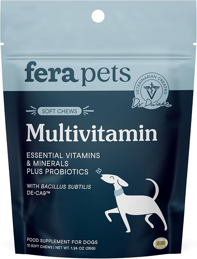 Fera Pets Dog Multivitamin Chews with Glucosamine and Probiotics - Essential Dog Vitamins & Minerals - Promotes Healthy Digestion & Joints - Boosts Skin & Coat Health with Omega-3s - 10 Soft Chews