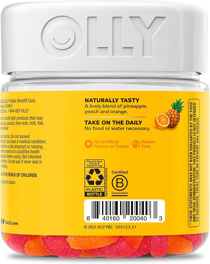 OLLY Hello Happy Gummy Worms, Mood Balance Support, Vitamin D, Saffron, Adult Chewable Supplement, Tropical Zing - 60 Count
