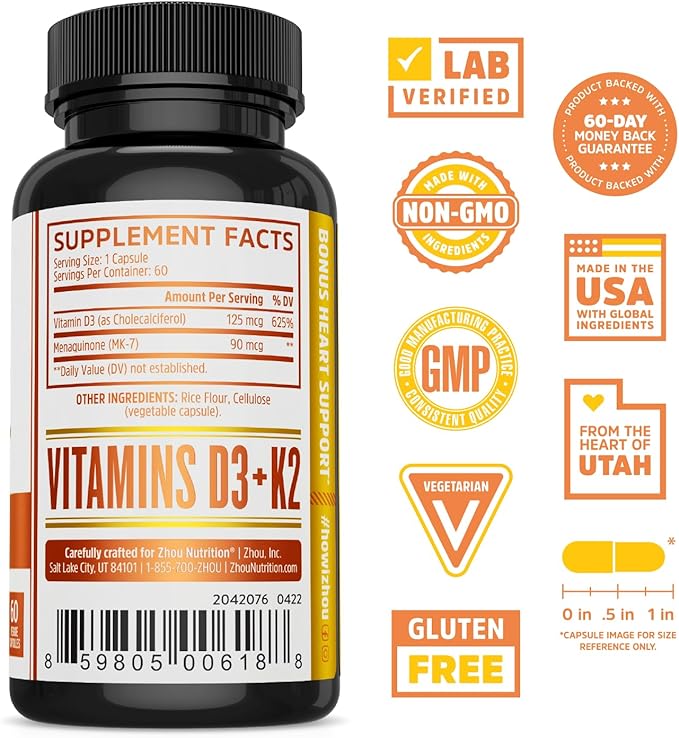 Zhou D3+K2 - Vitamin D3 K2 Supplement for Women & Men, Immune Support Vit D3 and K2 Supplements, Pure Vegetarian Formula with 5000 IU of D3 and MK-7 - 60 Veggie Capsules (Pack of 1)